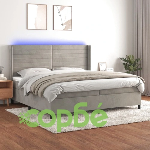 Боксспринг легло с матрак и LED, светлосиво, 200x200 см, кадифе ➤ топ цена ➤ sorbe.bg