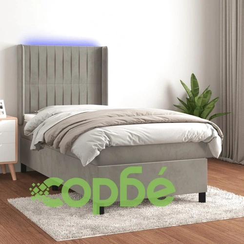 Боксспринг легло с матрак и LED, светлосиво, 90x190 см, кадифе ➤ топ цена ➤ sorbe.bg