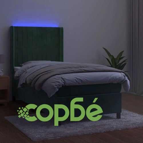 Боксспринг легло с матрак и LED, тъмнозелено, 90x200 см, кадифе ➤ топ цена ➤ sorbe.bg