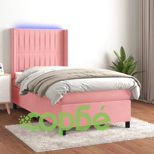 Боксспринг легло с матрак и LED, розово, 90x200 см, кадифе ➤ топ цена ➤ sorbe.bg