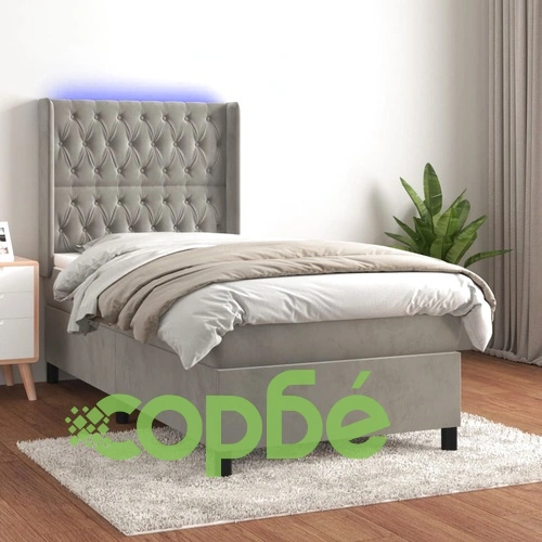 Боксспринг легло с матрак и LED, светлосиво, 80x200 см, кадифе ➤ топ цена ➤ sorbe.bg