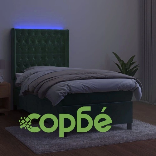 Боксспринг легло с матрак и LED, тъмнозелено, 90x190 см, кадифе ➤ топ цена ➤ sorbe.bg