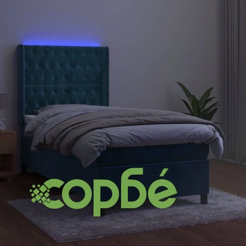 Боксспринг легло с матрак и LED, тъмносиньо, 90x190 см, кадифе ➤ топ цена ➤ sorbe.bg