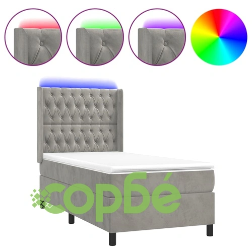 Боксспринг легло с матрак и LED, светлосиво, 90x200 см, кадифе ➤ топ цена ➤ sorbe.bg