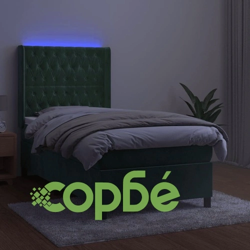 Боксспринг легло с матрак и LED, тъмнозелено, 90x200 см, кадифе ➤ топ цена ➤ sorbe.bg