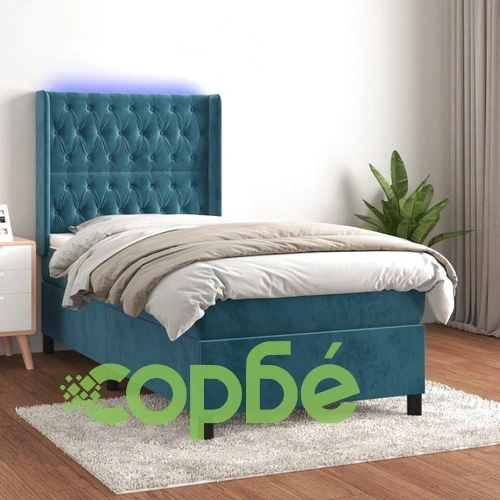 Боксспринг легло с матрак и LED, тъмносиньо, 100x200 см, кадифе ➤ топ цена ➤ sorbe.bg