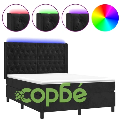 Боксспринг легло с матрак и LED, черно, 140x190 см, кадифе ➤ топ цена ➤ sorbe.bg