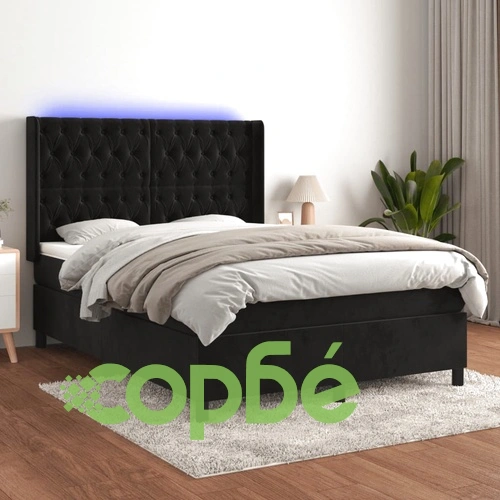 Боксспринг легло с матрак и LED, черно, 140x200 см, кадифе ➤ топ цена ➤ sorbe.bg