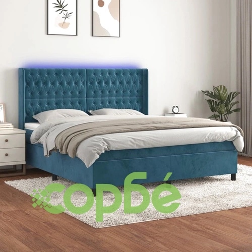 Боксспринг легло с матрак и LED, тъмносиньо, 160x200 см, кадифе ➤ топ цена ➤ sorbe.bg