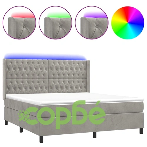 Боксспринг легло с матрак и LED, светлосиво, 180x200 см, кадифе ➤ топ цена ➤ sorbe.bg