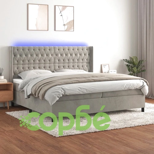 Боксспринг легло с матрак и LED, светлосиво, 200x200 см, кадифе ➤ топ цена ➤ sorbe.bg