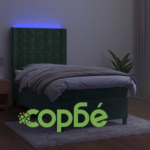 Боксспринг легло с матрак и LED, тъмнозелено, 80x200 см, кадифе ➤ топ цена ➤ sorbe.bg