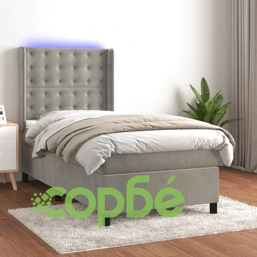 Боксспринг легло с матрак и LED, светлосиво, 90x190 см, кадифе ➤ топ цена ➤ sorbe.bg