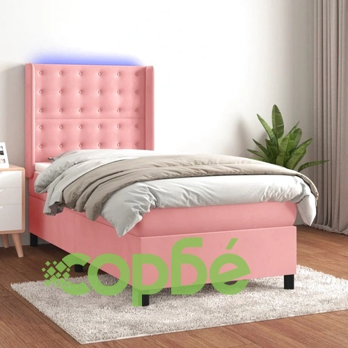 Боксспринг легло с матрак и LED, розово, 90x190 см, кадифе ➤ топ цена ➤ sorbe.bg