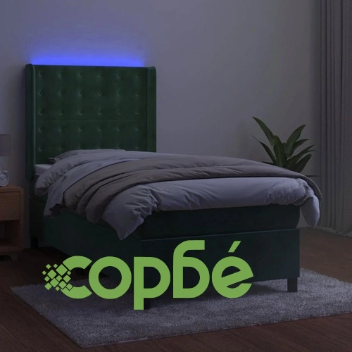 Боксспринг легло с матрак и LED, тъмнозелено, 90x200 см, кадифе ➤ топ цена ➤ sorbe.bg