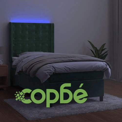 Боксспринг легло с матрак и LED, тъмнозелено, 100x200см, кадифе ➤ топ цена ➤ sorbe.bg
