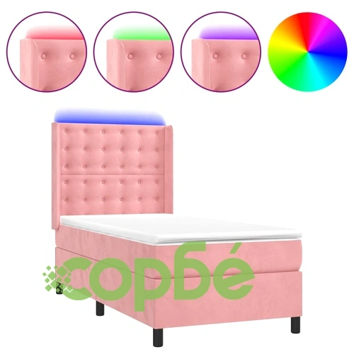 Боксспринг легло с матрак и LED, розово, 100x200 см, кадифе ➤ топ цена ➤ sorbe.bg