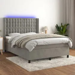 Боксспринг легло с матрак и LED, светлосиво, 140x190 см, кадифе