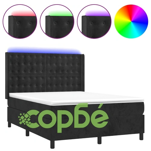 Боксспринг легло с матрак и LED, черно, 140x190 см, кадифе ➤ топ цена ➤ sorbe.bg