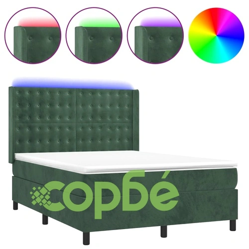 Боксспринг легло с матрак и LED, тъмнозелено, 140x190см, кадифе ➤ топ цена ➤ sorbe.bg