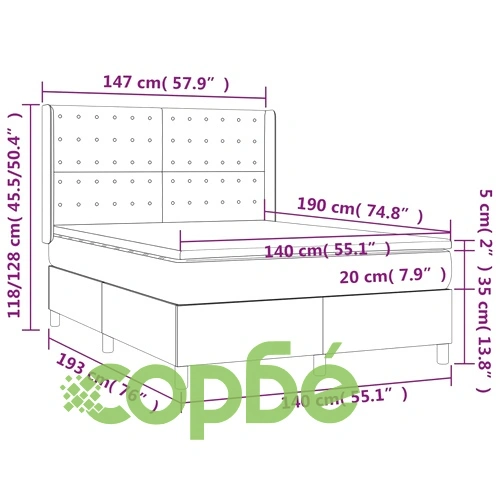 Боксспринг легло с матрак и LED, тъмнозелено, 140x190см, кадифе ➤ топ цена ➤ sorbe.bg