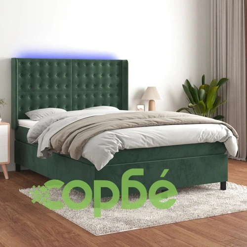 Боксспринг легло с матрак и LED, тъмнозелено, 140x190см, кадифе ➤ топ цена ➤ sorbe.bg