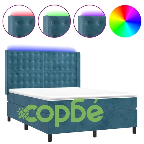 Боксспринг легло с матрак и LED, тъмносиньо, 140x190 см, кадифе ➤ топ цена ➤ sorbe.bg