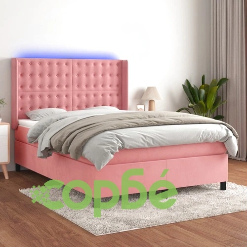 Боксспринг легло с матрак и LED, розово, 140x190 см, кадифе ➤ топ цена ➤ sorbe.bg