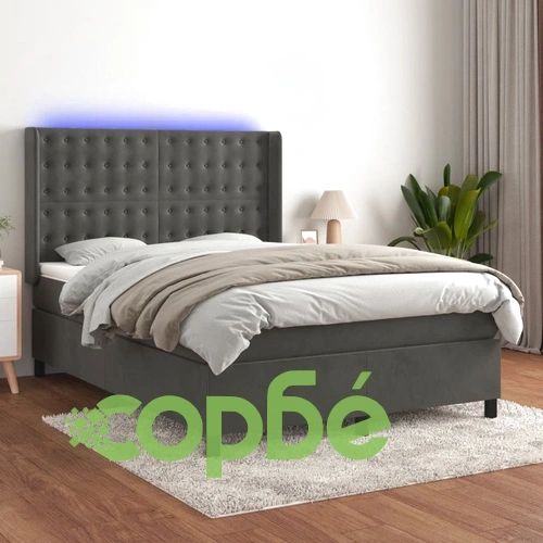 Боксспринг легло с матрак и LED, тъмносиво, 140x200 см, кадифе ➤ топ цена ➤ sorbe.bg