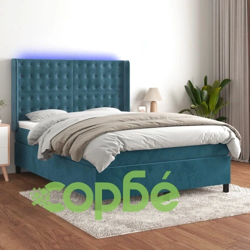 Боксспринг легло с матрак и LED, тъмносиньо, 140x200 см, кадифе ➤ топ цена ➤ sorbe.bg