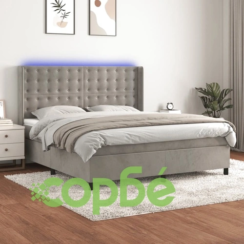 Боксспринг легло с матрак и LED, светлосиво, 160x200 см, кадифе ➤ топ цена ➤ sorbe.bg