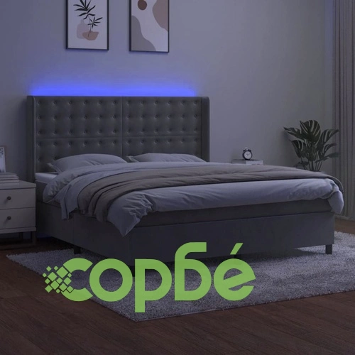 Боксспринг легло с матрак и LED, светлосиво, 180x200 см, кадифе ➤ топ цена ➤ sorbe.bg