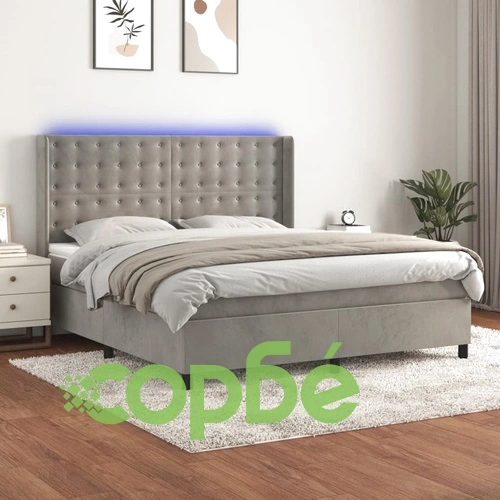 Боксспринг легло с матрак и LED, светлосиво, 180x200 см, кадифе ➤ топ цена ➤ sorbe.bg