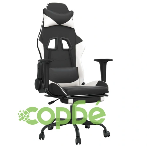 Гейминг стол с опора за крака, черно и бяло, изкуствена кожа ➤ топ цена ➤ sorbe.bg