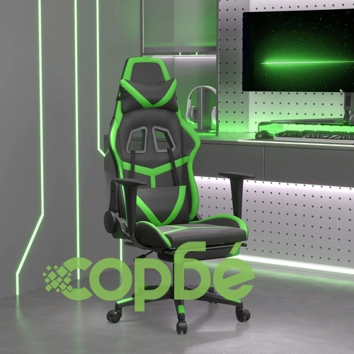 Гейминг стол с опора за крака, черно и зелено, изкуствена кожа ➤ топ цена ➤ sorbe.bg