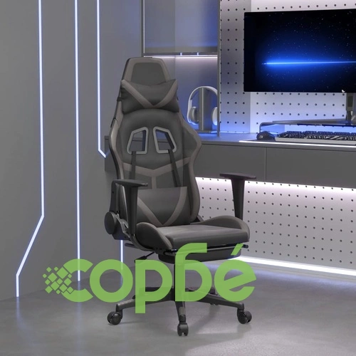 Гейминг стол с опора за крака, черно и cиво , изкуствена кожа ➤ топ цена ➤ sorbe.bg