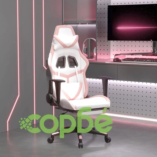 Гейминг стол с опора за крака, Бял и Розов, изкуствена кожа ➤ топ цена ➤ sorbe.bg