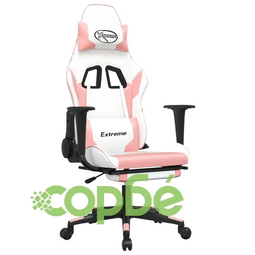 Гейминг стол с опора за крака, Бял и Розов, изкуствена кожа ➤ топ цена ➤ sorbe.bg