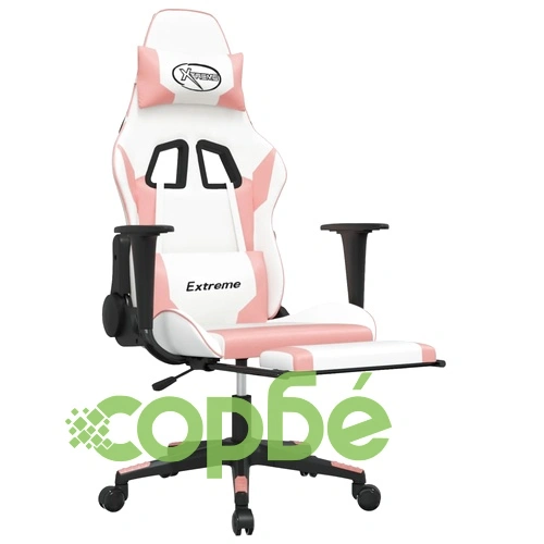 Гейминг стол с опора за крака, Бял и Розов, изкуствена кожа ➤ топ цена ➤ sorbe.bg