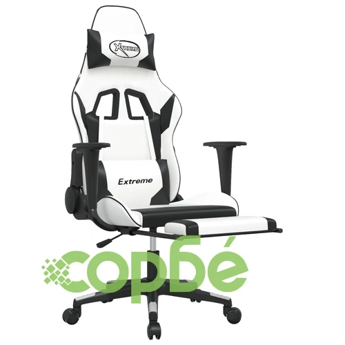 Гейминг стол с опора за крака, бяло и черно, изкуствена кожа ➤ топ цена ➤ sorbe.bg