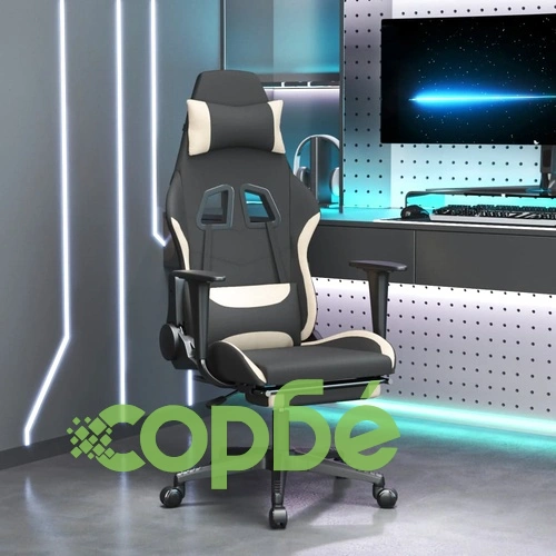 Гейминг стол с опора за крака, черно и кремаво, плат ➤ топ цена ➤ sorbe.bg