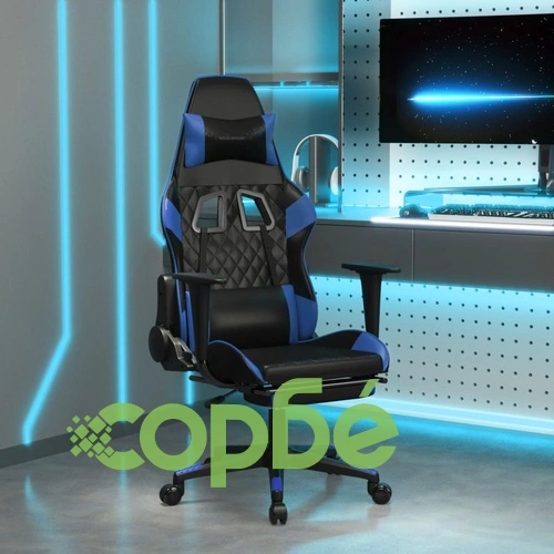 Гейминг стол с опора, черно и синьо, изкуствена кожа ➤ топ цена ➤ sorbe.bg