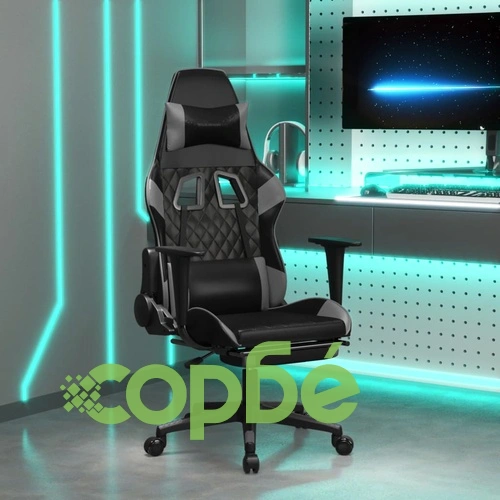 Гейминг стол с опора за крака, черно и cиво, изкуствена кожа ➤ топ цена ➤ sorbe.bg