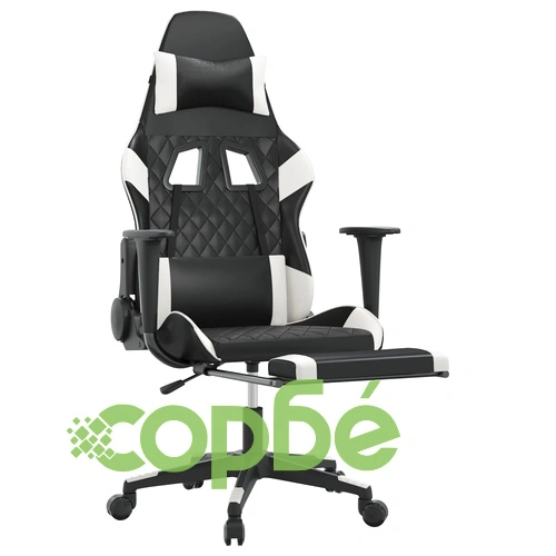 Гейминг стол с опора за крака, черно и бяло, изкуствена кожа ➤ топ цена ➤ sorbe.bg