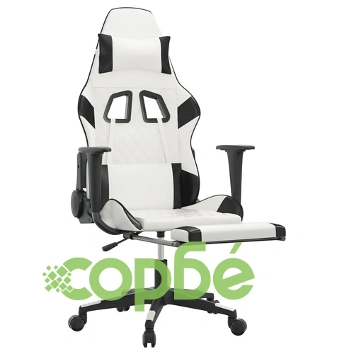 Гейминг стол с опора за крака, бяло и черно, изкуствена кожа ➤ топ цена ➤ sorbe.bg