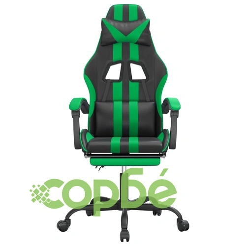 Гейминг стол с опора за крака, черно и зелено, изкуствена кожа ➤ топ цена ➤ sorbe.bg