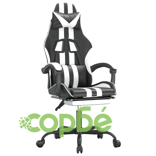 Гейминг стол с опора за крака, черно и бяло, изкуствена кожа ➤ топ цена ➤ sorbe.bg