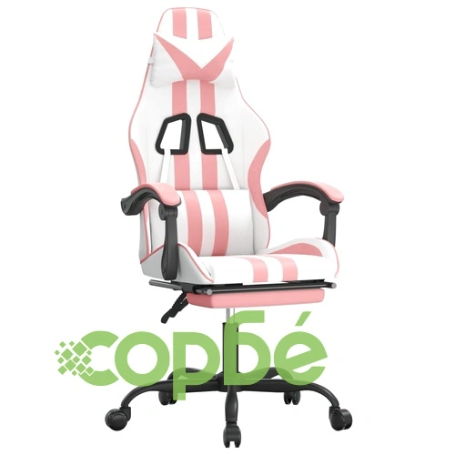 Гейминг стол с опора за крака, Бял и Розов, изкуствена кожа ➤ топ цена ➤ sorbe.bg