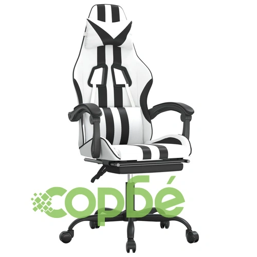 Гейминг стол с опора за крака, бяло и черно, изкуствена кожа ➤ топ цена ➤ sorbe.bg