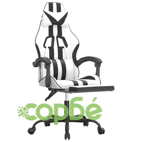 Гейминг стол с опора за крака, бяло и черно, изкуствена кожа ➤ топ цена ➤ sorbe.bg